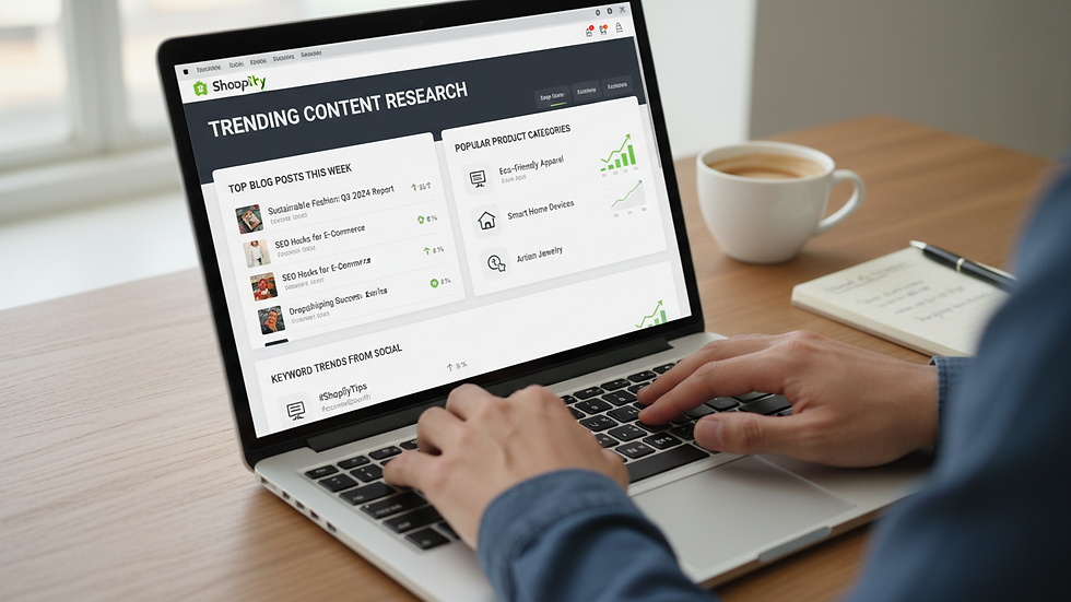 Close-up view of a person working on a laptop with Shopify dashboard open