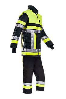 Uniforme Bouches para bomberos color azul oscuro con detalles verdes y plateados, resistente al fuego, SIOEN Panama