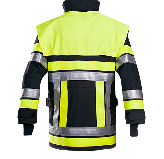 Chaqueta de bomberos color azul oscuro con detalles amarillos y cintas reflectoras, modelo Bouches