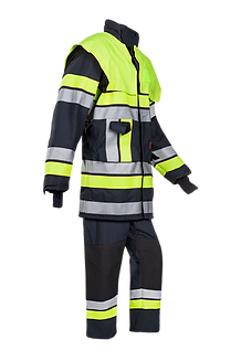 Uniforme Yonne para bomberos color azul oscuro con detalles verdes y plateados, resistente al fuego, SIOEN Panama