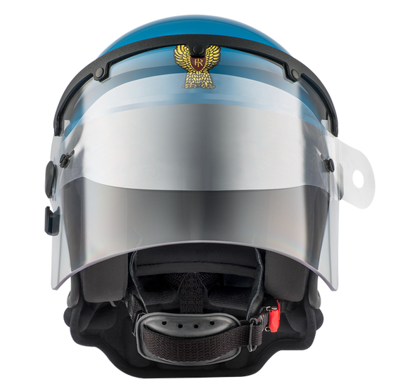 Casco para policía anti motines de color azul con visor transparente visto desde frente