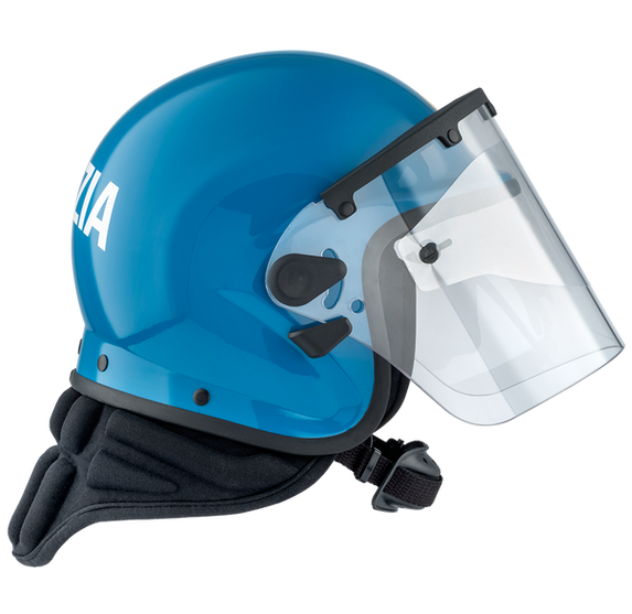 Casco para policía anti motines de color azul con visor transparente visto de lado