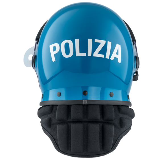 Casco para policía anti motines de color azul con visor transparente visto desde atrás