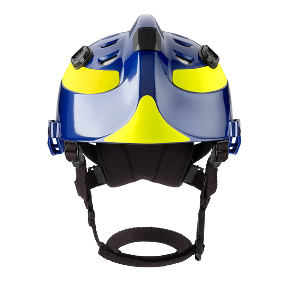 Casco de seguridad azul con detalles en amarillo visto desde el frente