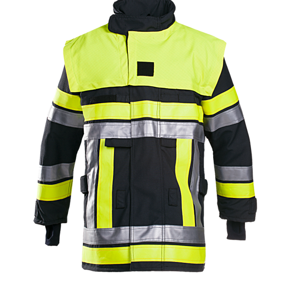 Chaqueta de bomberos color azul oscuro con detalles amarillos y cintas reflectoras, modelo Bouches