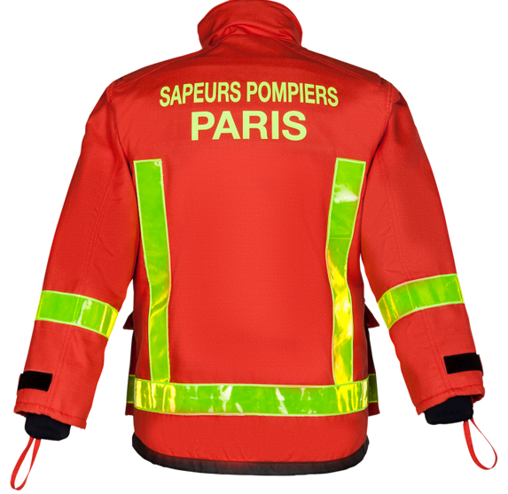 Chaqueta de bomberos color rojo con cintas reflectoras, modelo Belgica