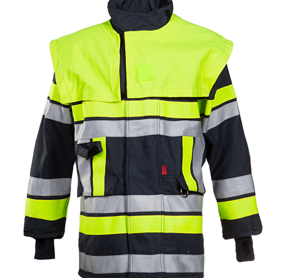 Chaqueta de bomberos color azul oscuro con detalles amarillos y cintas reflectoras, modelo Yonne