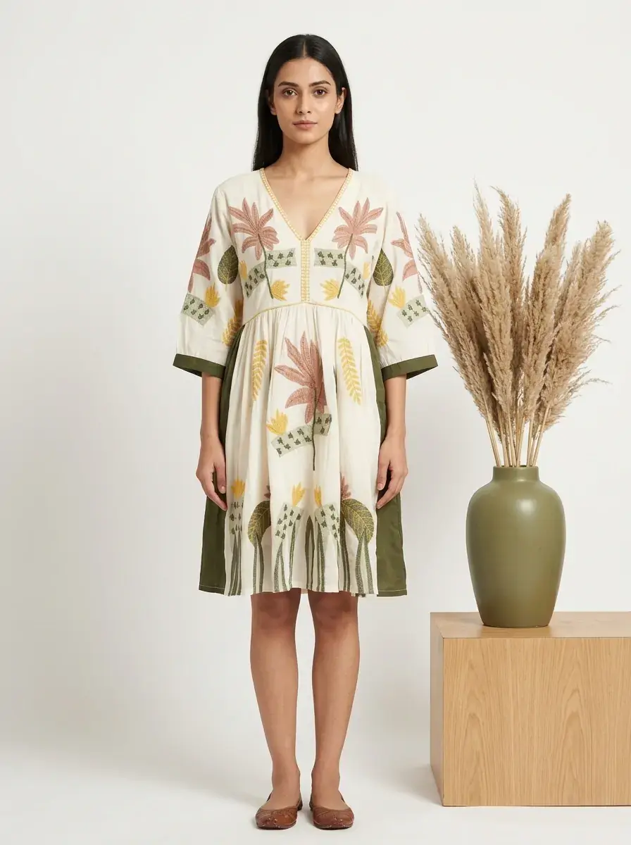 Sukienki damskie, Cotton midi dress, Green embroidered, Boho midi dress, Size L summer dress, V neck cotton dress, Embroidere