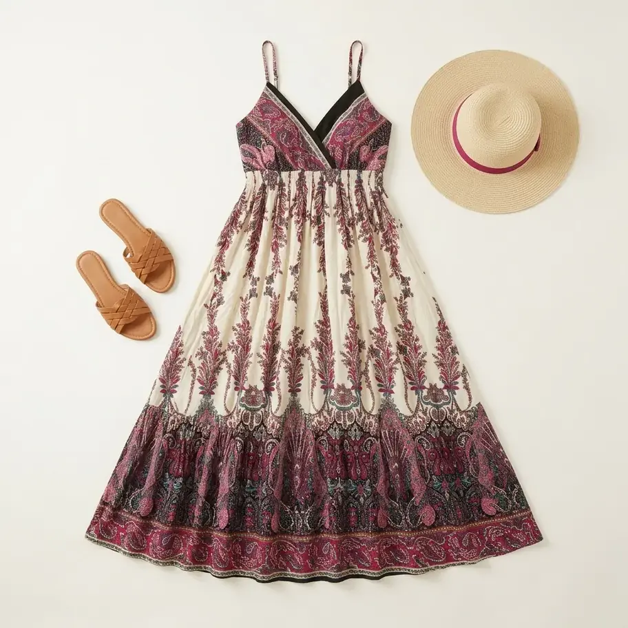 Size L XL sundress, Cotton maxi dress, Beach dress L XL, Paisley print dress, V neck maxi dress, Strappy cotton dress, Summer