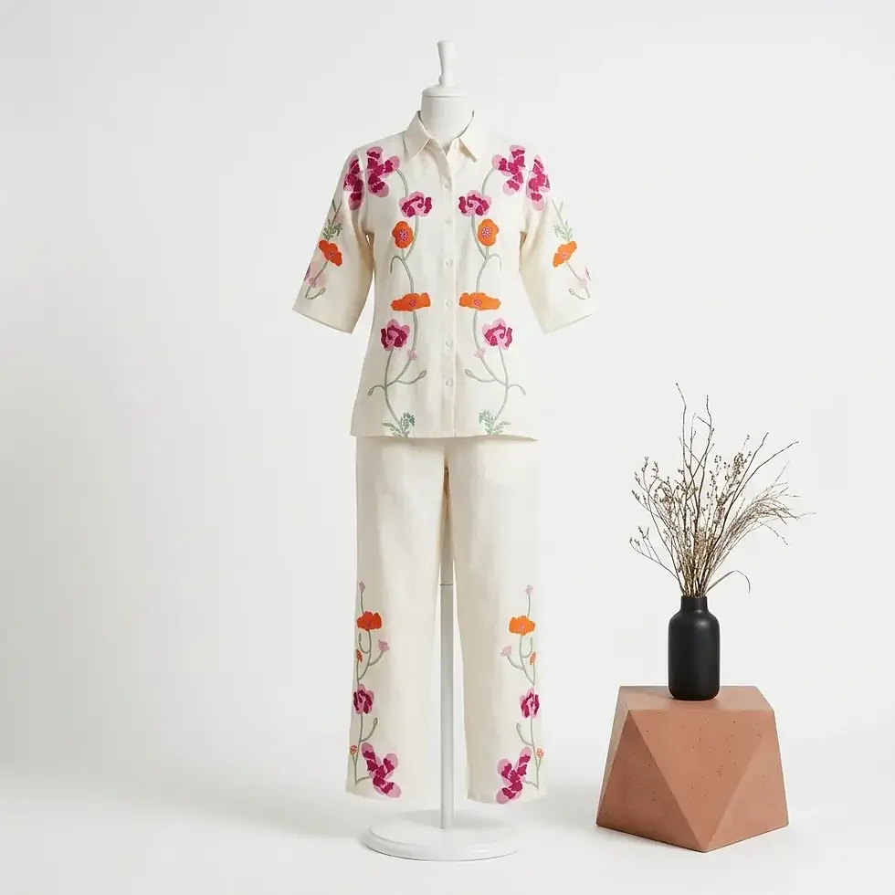 Size L co-ord set, Cream cotton set, Floral print suit, Two piece cotton set, Trouser co-ord set, Button down shirt, Women lo