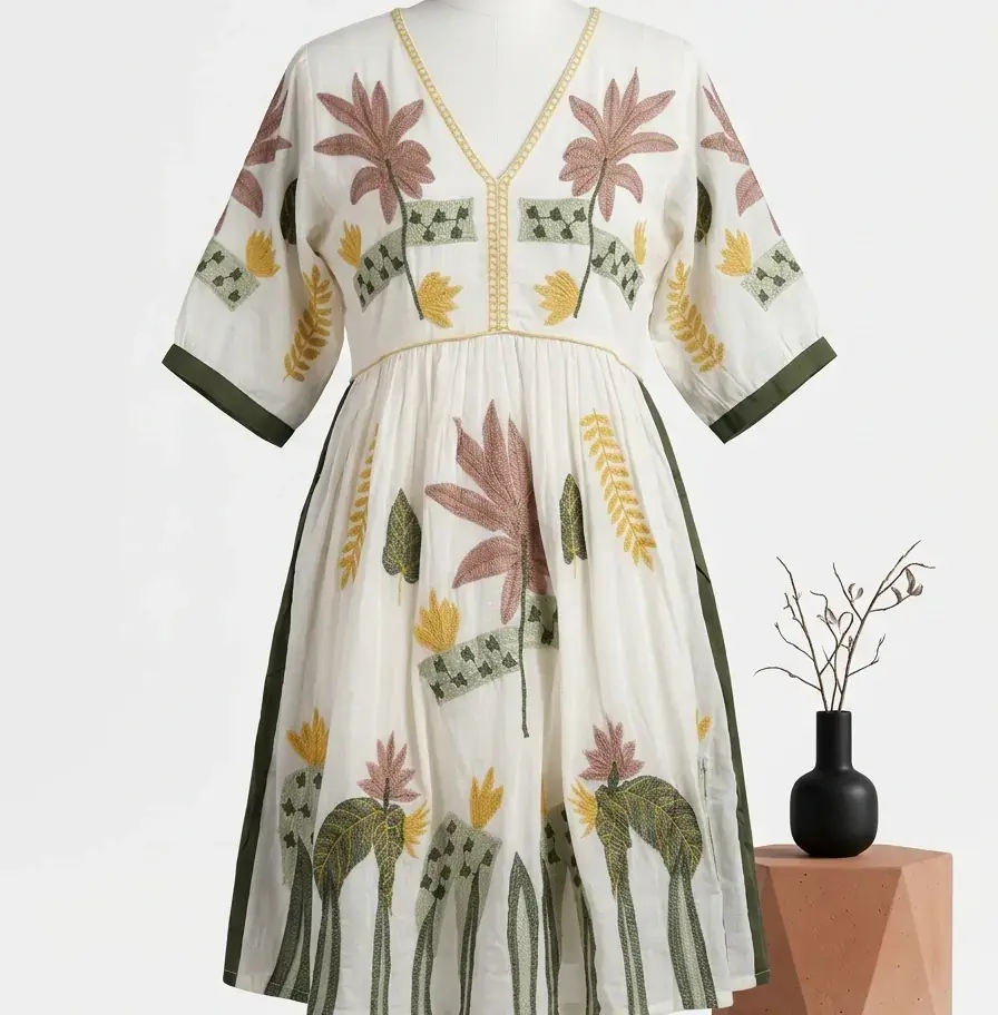 Sukienki damskie, Cotton midi dress, Green embroidered, Boho midi dress, Size L summer dress, V neck cotton dress, Embroidere