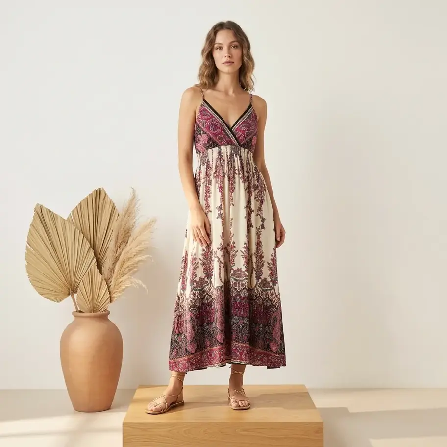 Size L XL sundress, Cotton maxi dress, Beach dress L XL, Paisley print dress, V neck maxi dress, Strappy cotton dress, Summer