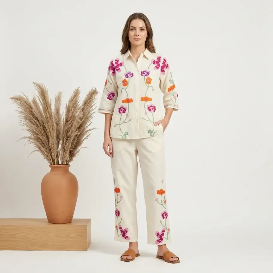 Size L co-ord set, Cream cotton set, Floral print suit, Two piece cotton set, Trouser co-ord set, Button down shirt, Women lo