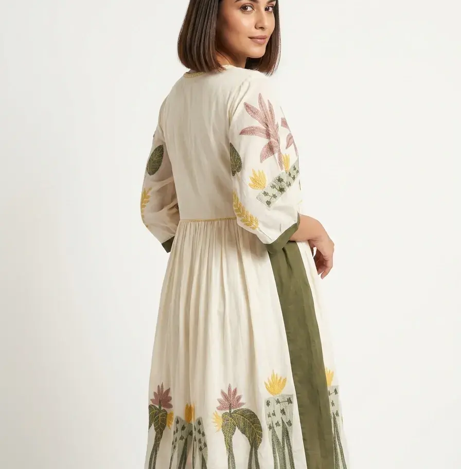 Sukienki damskie, Cotton midi dress, Green embroidered, Boho midi dress, Size L summer dress, V neck cotton dress, Embroidere