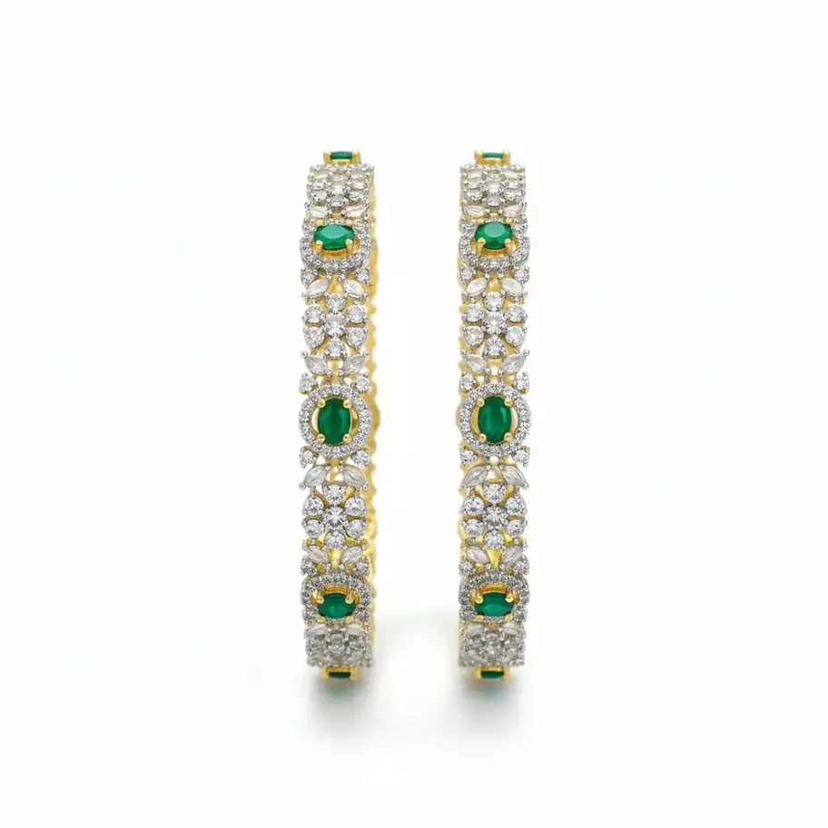 Luxury 22k gold-plated filigree bangles with emerald-green stones and white crystals on a white background, size 2.6