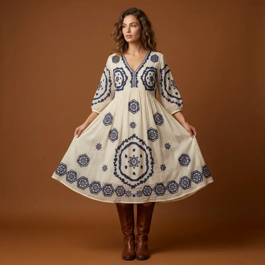 Sukienki damskie, Cotton midi dress, Blue embroidered, Boho midi dress, Size L summer dress, V neck cotton dress,