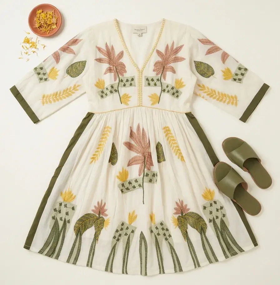 Sukienki damskie, Cotton midi dress, Green embroidered, Boho midi dress, Size L summer dress, V neck cotton dress, Embroidere