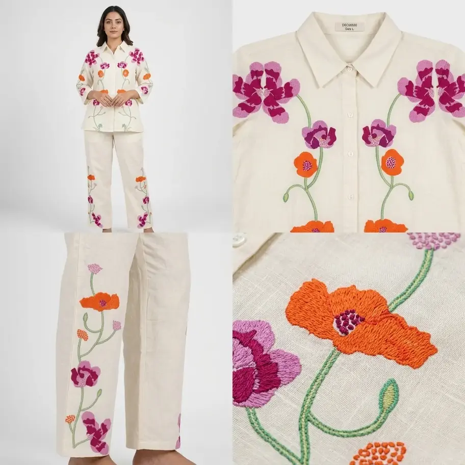 Size L co-ord set, Cream cotton set, Floral print suit, Two piece cotton set, Trouser co-ord set, Button down shirt, Women lo
