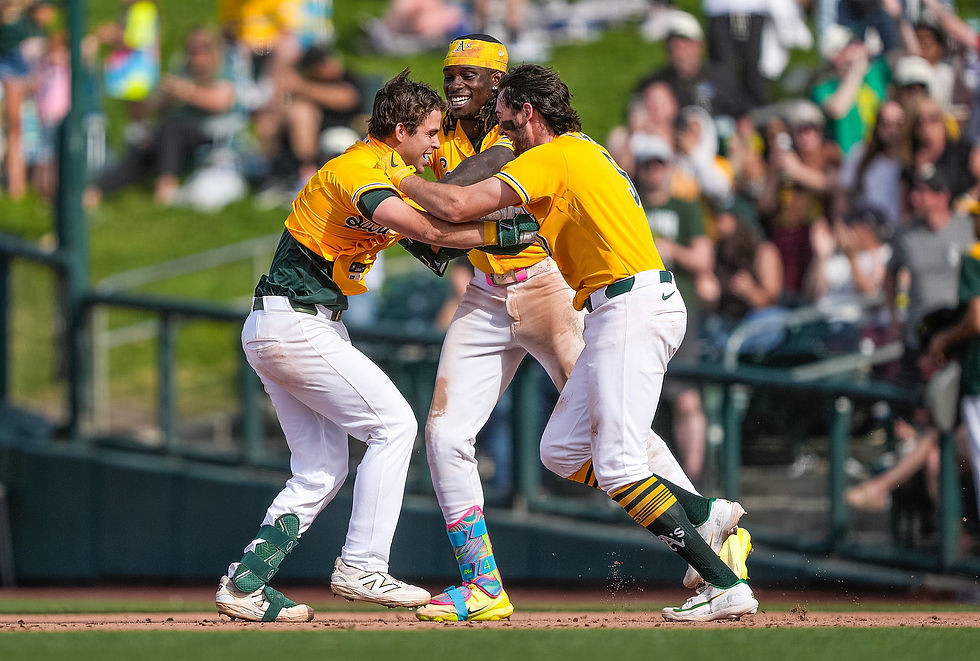 Max Muncy, Lawrence Butler, and Jacob Wilson celebrating.