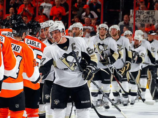Sidney Crosby leading his team through the traditional handshake after the Flyers defeated the Penguins in Game 6 of the Eastern Conference Quarterfinals during the 2012 NHL Stanley Cup Playoffs