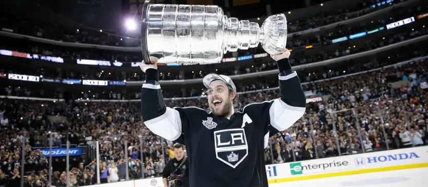 Anze Kopitar carrying the Stanley Cup after beating the New York Rangers in 2014 in Los Angeles.