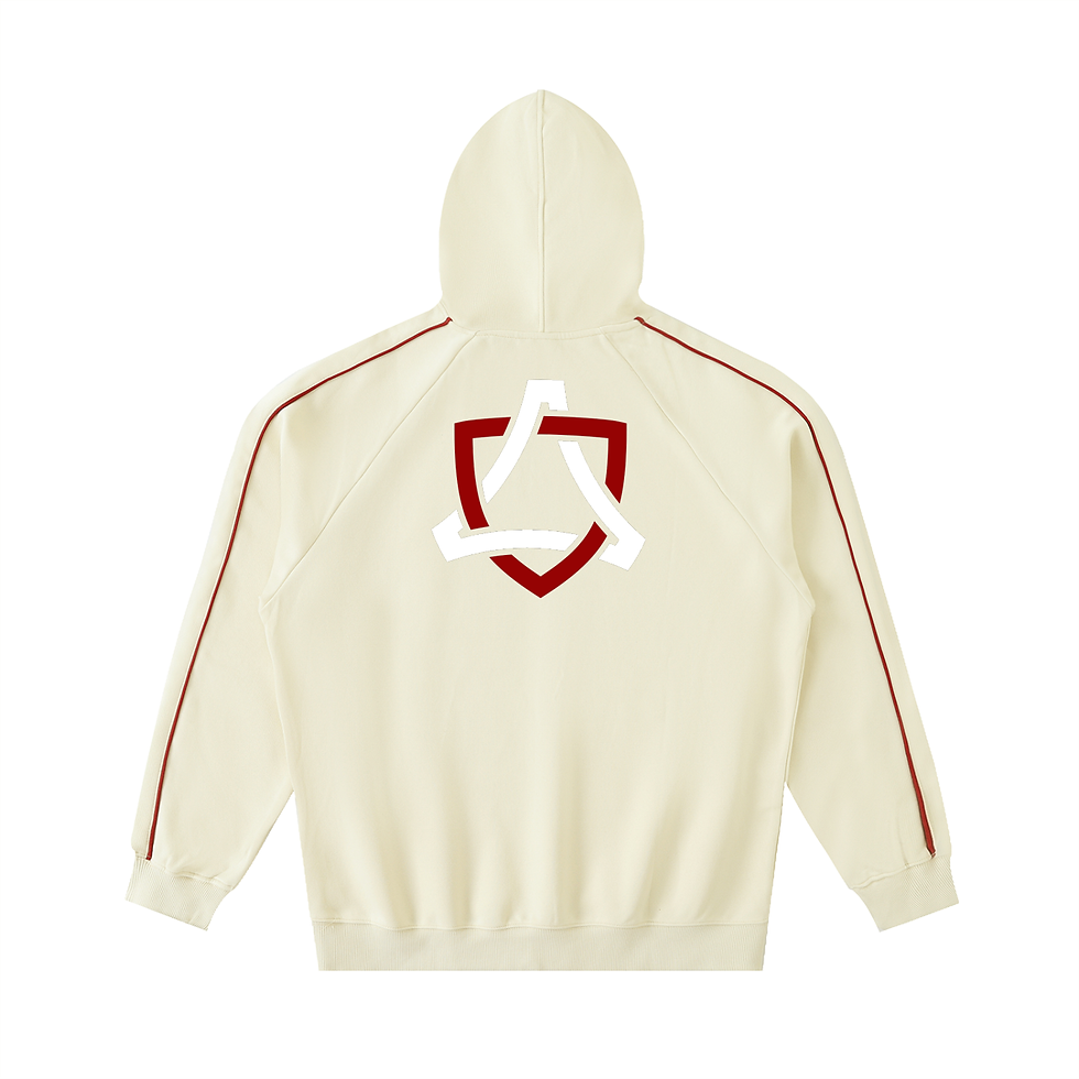Cream hoodie with a red stripe and logo on the back design.