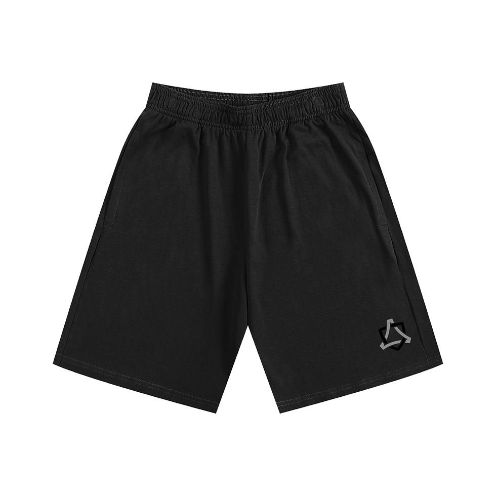Black shorts with logo on white background, casual style, perfect for summer.