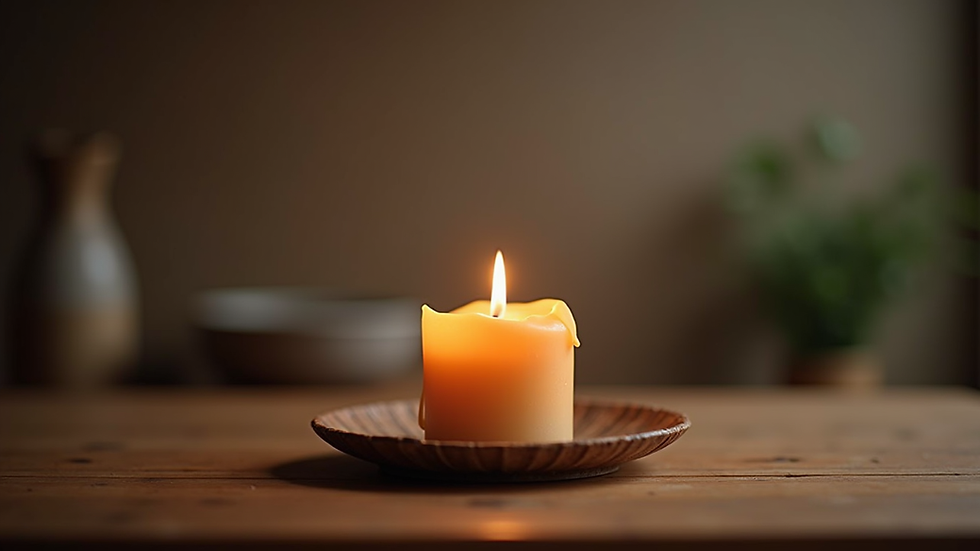 Vue rapprochée d'une bougie allumée sur une table en bois, symbole de calme et de sérénité
