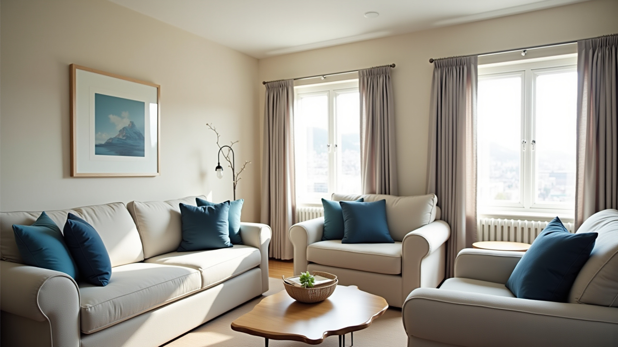 Modern living room with beige sofas and blue pillows