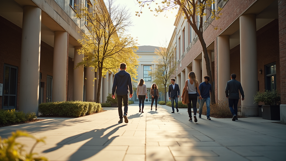 Eye-level view of a college campus courtyard with students walking and chatting