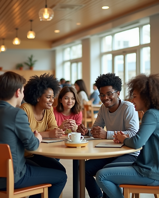 A-group-of-diverse-students-are-gathered-around-the-table-in-the-warmly-decorated-student-