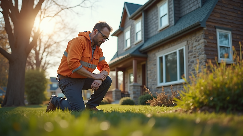 Eye-level view of a home inspector examining a house exterior