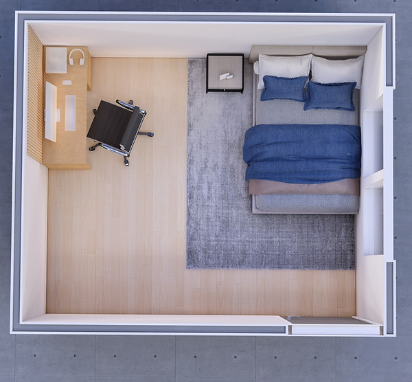 3D rendering of private bedroom layout at Severance House sober living in Houston.