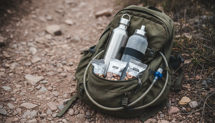 Close-up view of water bottles and electrolyte packets on a hiking backpack.