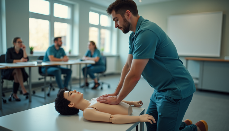 Eye-level view of a CPR training session with a participant practicing chest compressions on a mannequin