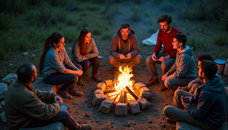 High angle view of a family gathered around a campfire with first aid supplies nearby