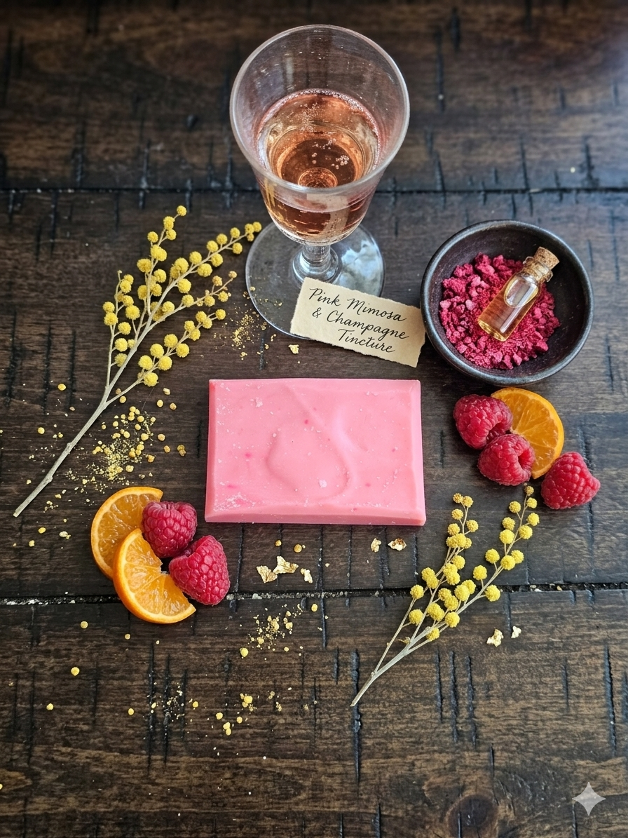 Pink Mimosa soap, drink, raspberries, and flowers