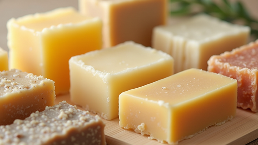 Close-up view of a variety of natural soaps arranged aesthetically