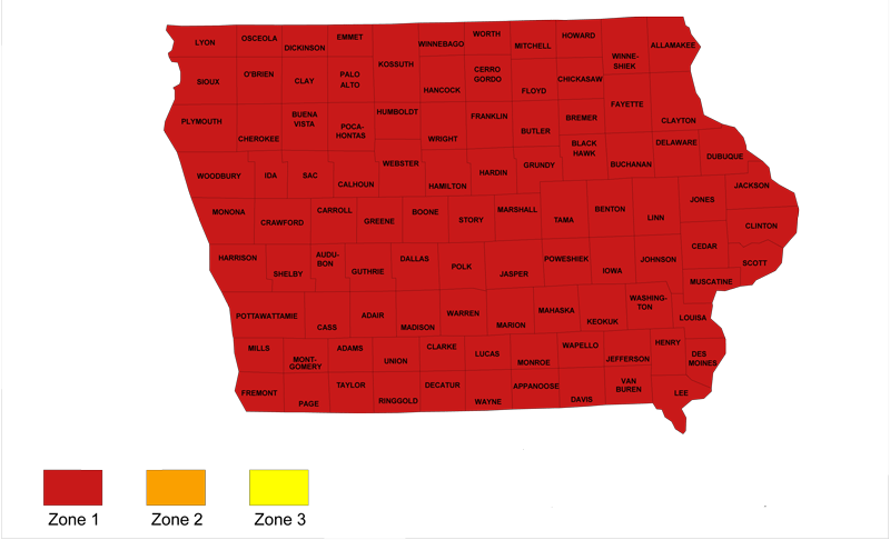 Map of Iowa radon levels. All of Iowa including Cedar Rapids, Marion, Iowa City, North Liberty, Coralville are in zone 1 which is the highest zone for radon levels