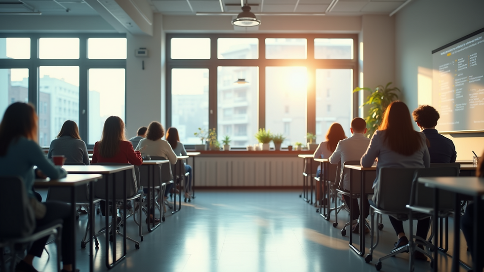 Wide angle view of a modern classroom with coding resources