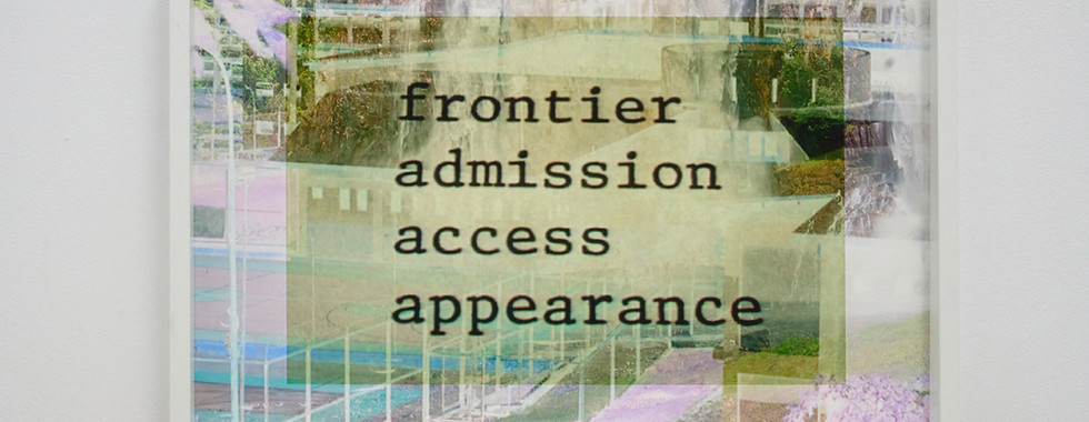 Suwon Lee, Dictée/Exilée – frontier admission (Yare), layered photographic collage with fragmented language.