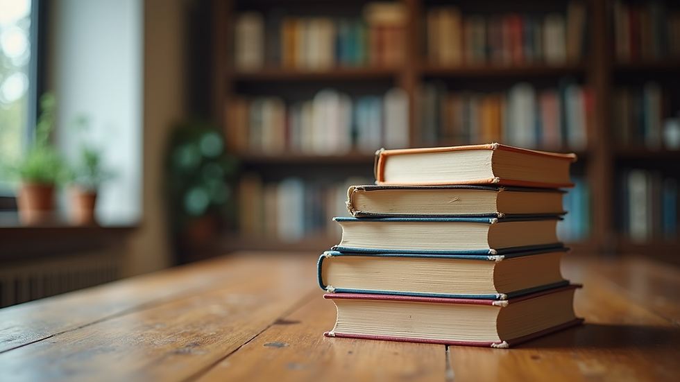 Eye-level view of a stack of men's development books on a wooden table