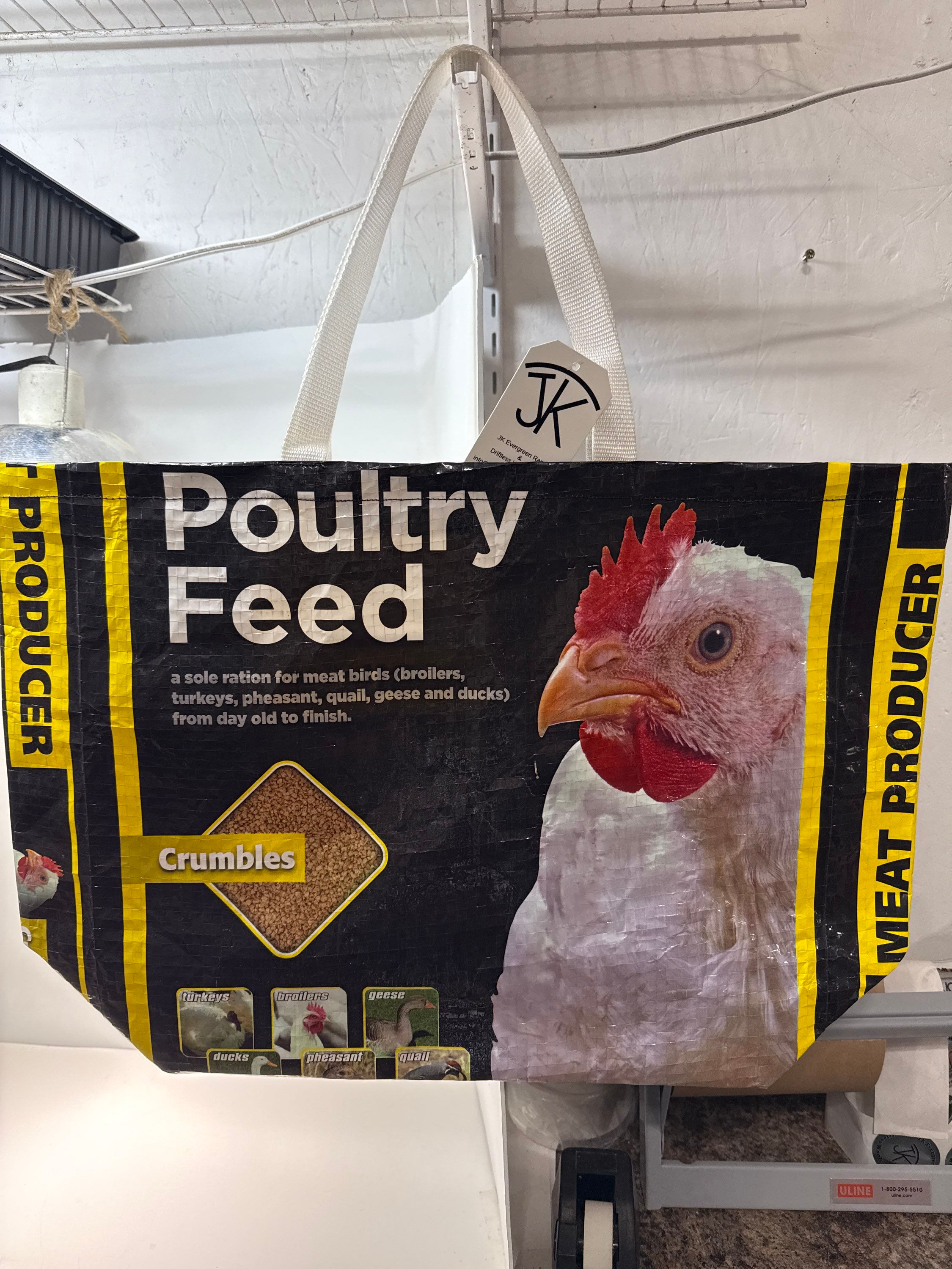 Feed bag tote - White hen crumbles