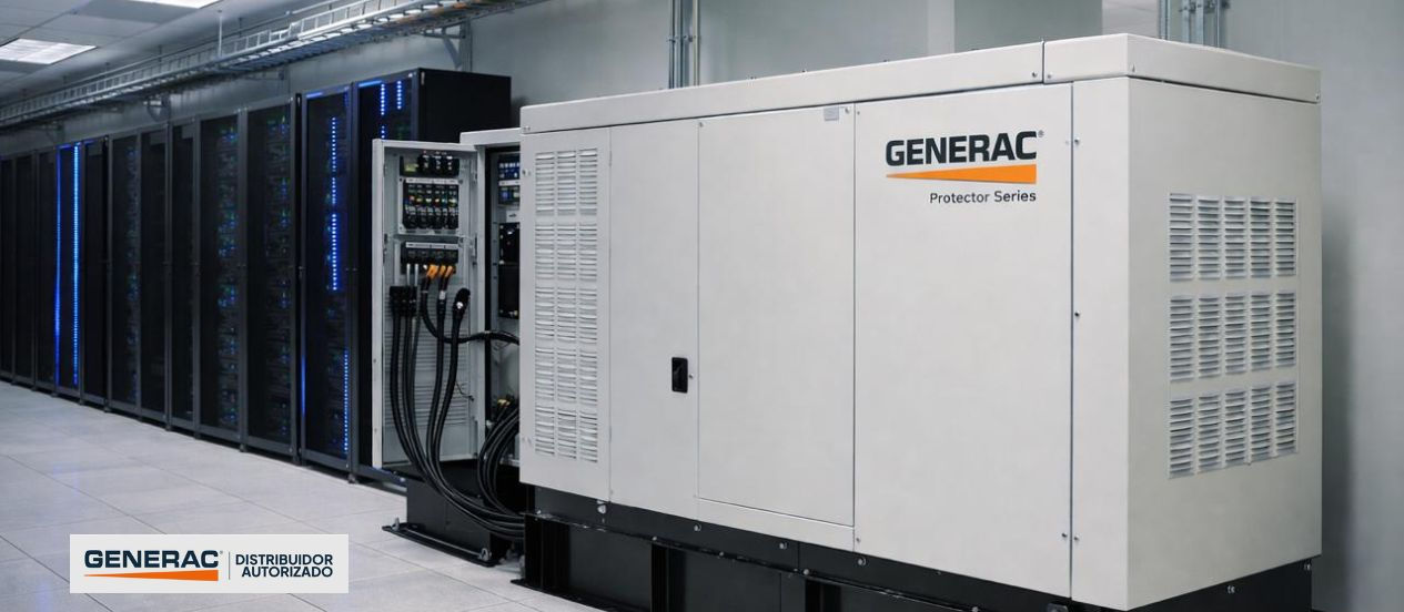 Gerador Generac em sala de equipamentos, imagem da página atual de Soluções