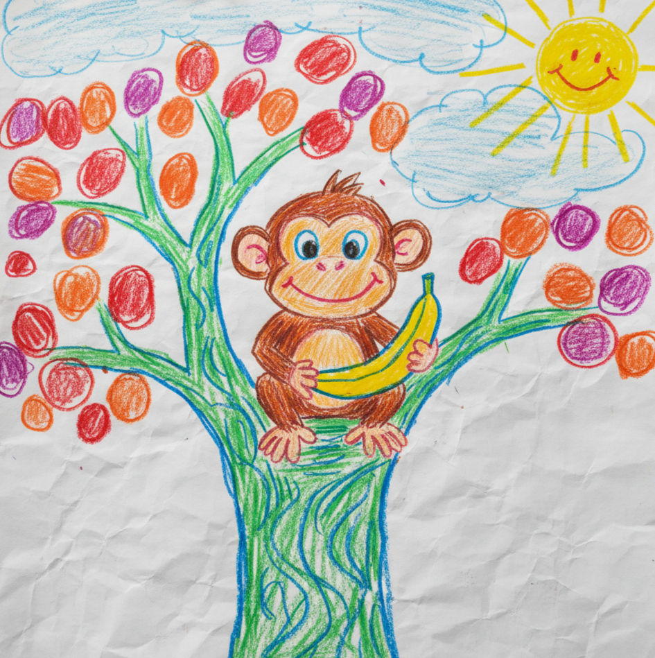 child drawing of a monkey with a banana- ai generated