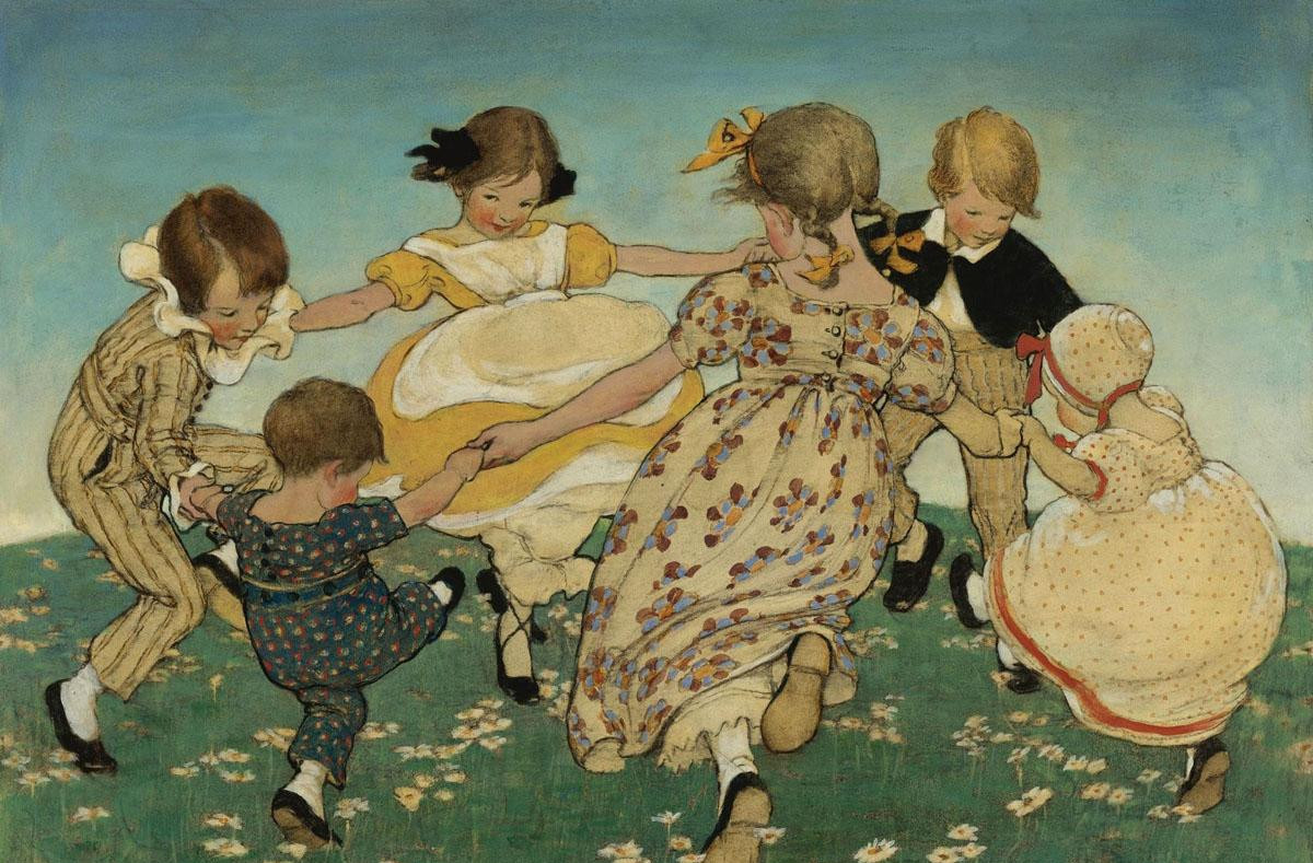 circle of friends dancing in a grassy meadow, ai generated