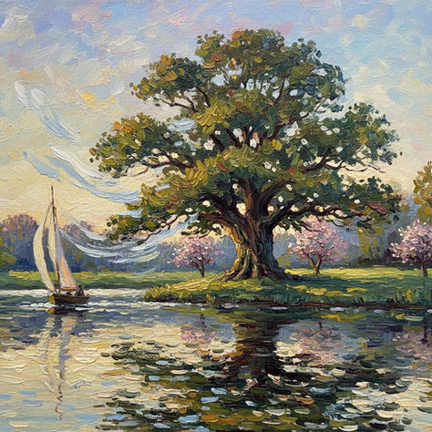sailboat on a pond in front of a big tree, ai generated