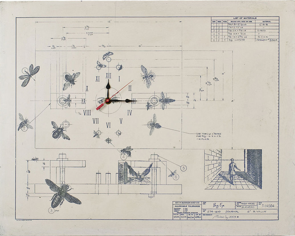 Clock with birds, blueprint background, MichaelJoyArt