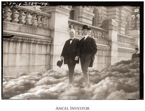 Two men in suits walking on clouds, ANGEL INVESTOR