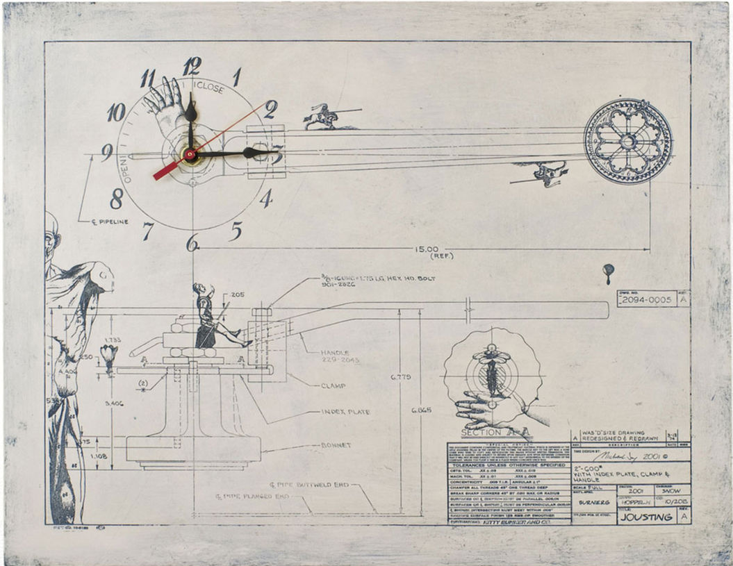 Blueprint clock design, lighthouse, and wheel
